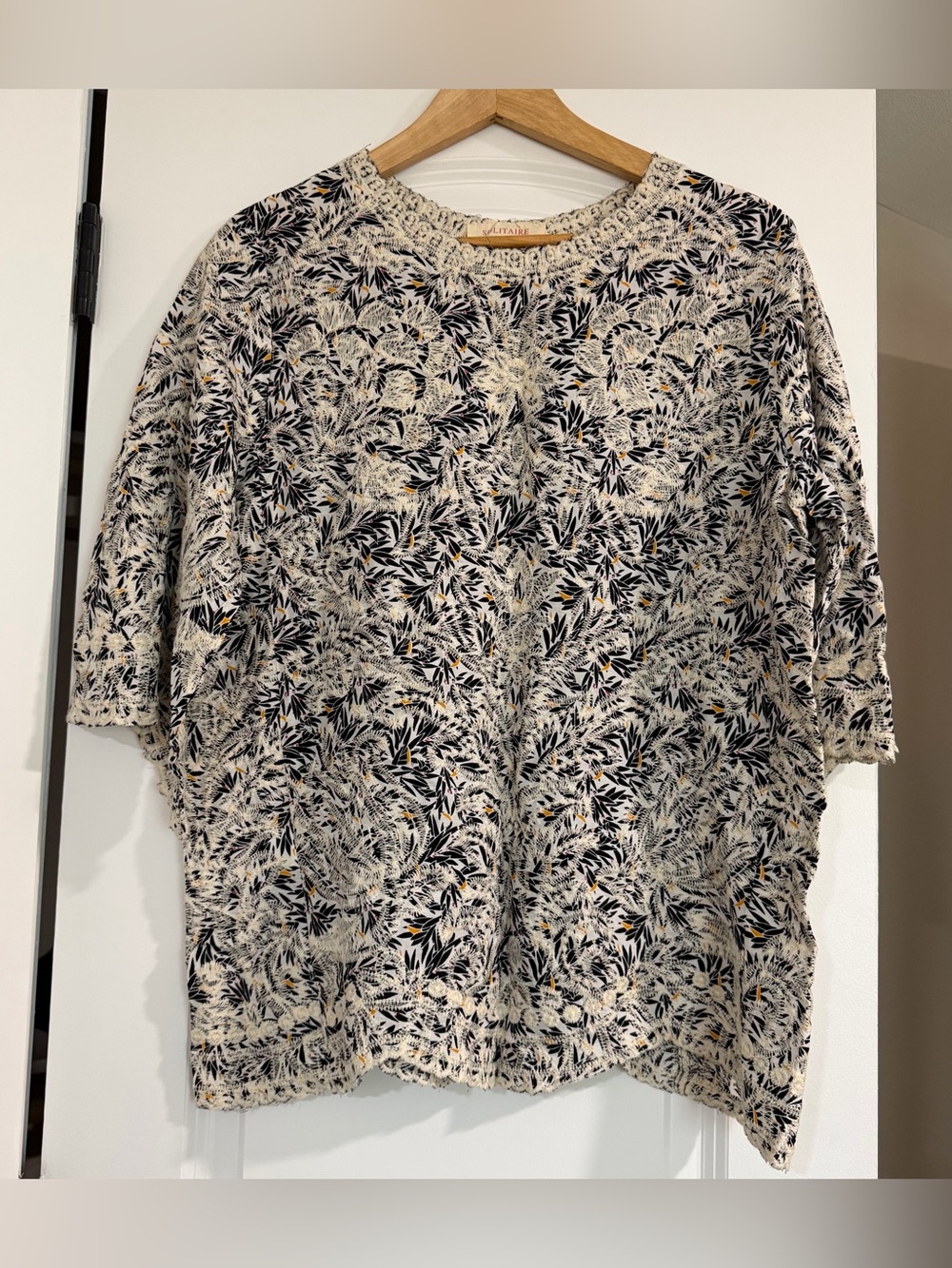 Solitaire Black Cream Floral Blouse Lace Boho Top Bell Sleeve Womens Size Large
